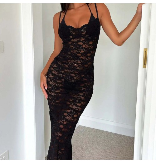 European and American women's clothing new wholesale hot selling sexy hollow out temperament solid color lace dresses European and American women's clothing new wholesale hot selling sexy hollow out temperament solid color lace dresses