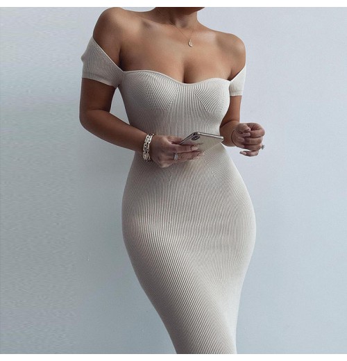 2024 Spring Hot selling Women's Wear New One Line Collar Ribbed Long Slim Fit Dress 2024 Spring Hot selling Women's Wear New One Line Collar Ribbed Long Slim Fit Dress