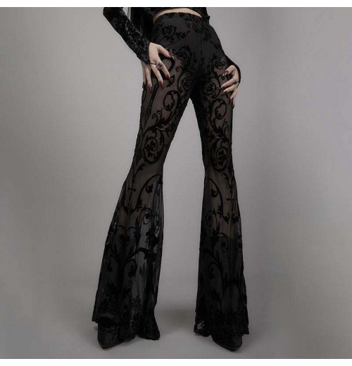 Goth Aesthetic Black Flared Pants Harajuku Sexy See Through Women Trousers Punk Grunge High Waist Cosplay Summer Pants Goth Aesthetic Black Flared Pants Harajuku Sexy See Through Women Trousers Punk Grunge High Waist Cosplay Summer Pants