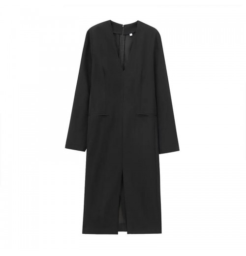 ZATRHMBM women's clothing 2024 new fashion black midi dress retro V-neck long-sleeved trendy female dress ZATRHMBM women's clothing 2024 new fashion black midi dress retro V-neck long-sleeved trendy female dress