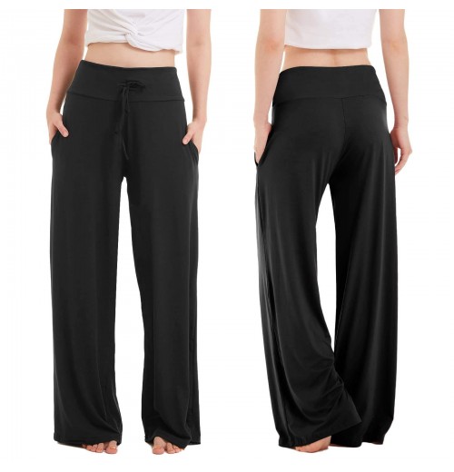 Soft Black Pajama Pants for Women Wide Leg Comfy Casual Lounge Yoga Capri Pants with Pockets Drawstring Pj Bottoms Soft Black Pajama Pants for Women Wide Leg Comfy Casual Lounge Yoga Capri Pants with Pockets Drawstring Pj Bottoms