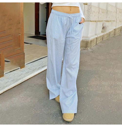 Street simplicity style stripe loose straight drawstring pants women breathable home casual trousers Street simplicity style stripe loose straight drawstring pants women breathable home casual trousers