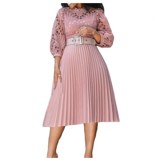 Casual dresses Elegant women's clothing Long Sleeves Hollow Crocheted Hook Lace Pleated plus size women's dresses with Belt Casual dresses Elegant women's clothing Long Sleeves Hollow Crocheted Hook Lace Pleated plus size women's dresses with Belt