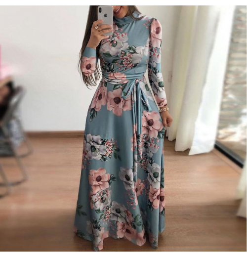 Women's Casual Maxi Floral Dress O-Neck Long Sleeves Button Closure Lightweight Printed Fabric Empire Breathable Day XS Women's Casual Maxi Floral Dress O-Neck Long Sleeves Button Closure Lightweight Printed Fabric Empire Breathable Day XS