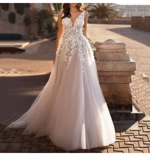 Luxury Lace Appliques Soft Tulle Bridal Ball Gown Sleeveless A Line 2024 Girls Women's Clothing Wedding Dresses Luxury Lace Appliques Soft Tulle Bridal Ball Gown Sleeveless A Line 2024 Girls Women's Clothing Wedding Dresses