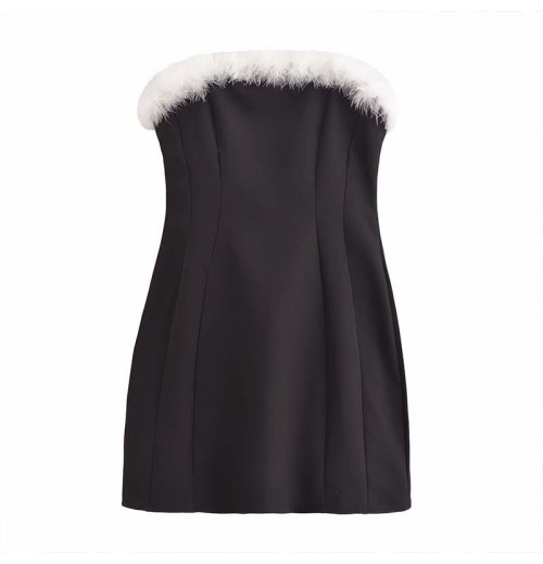 ZATRHMBM women's clothing 2024 new fashion straight collar feather stretch midi dress retro sexy sleeveless female dress ZATRHMBM women's clothing 2024 new fashion straight collar feather stretch midi dress retro sexy sleeveless female dress