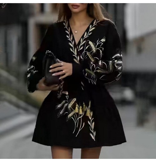 Casual Mini Dress Autumn Women New V Neck Lantern Full Sleeve Sexy Ear Of Wheat Embroidery Cardigan Velvet Holiday Black Dress Casual Mini Dress Autumn Women New V Neck Lantern Full Sleeve Sexy Ear Of Wheat Embroidery Cardigan Velvet Holiday Black Dress